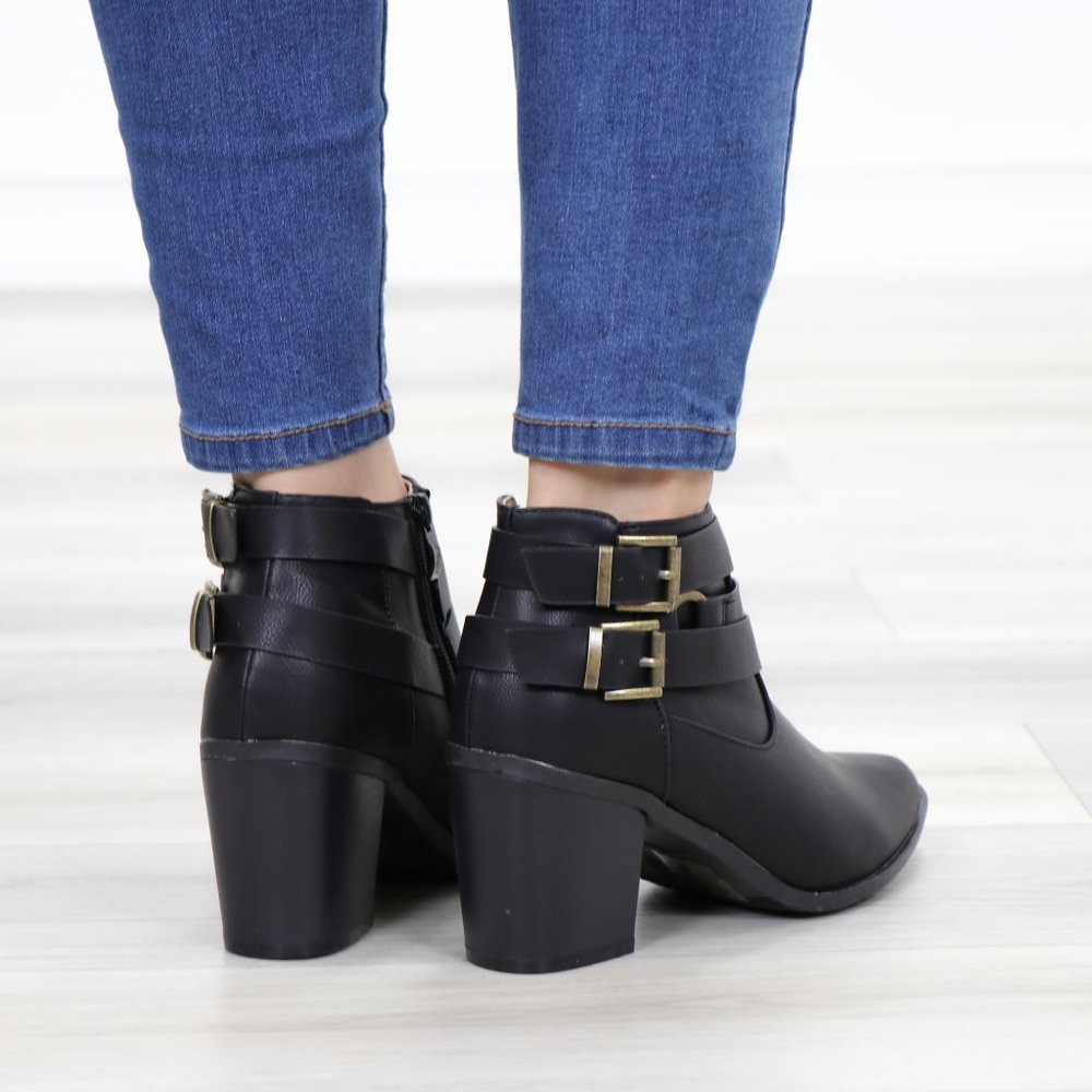 Pointy Toe Black Ankle Boots w/ Buckles - Picture 8 of 12